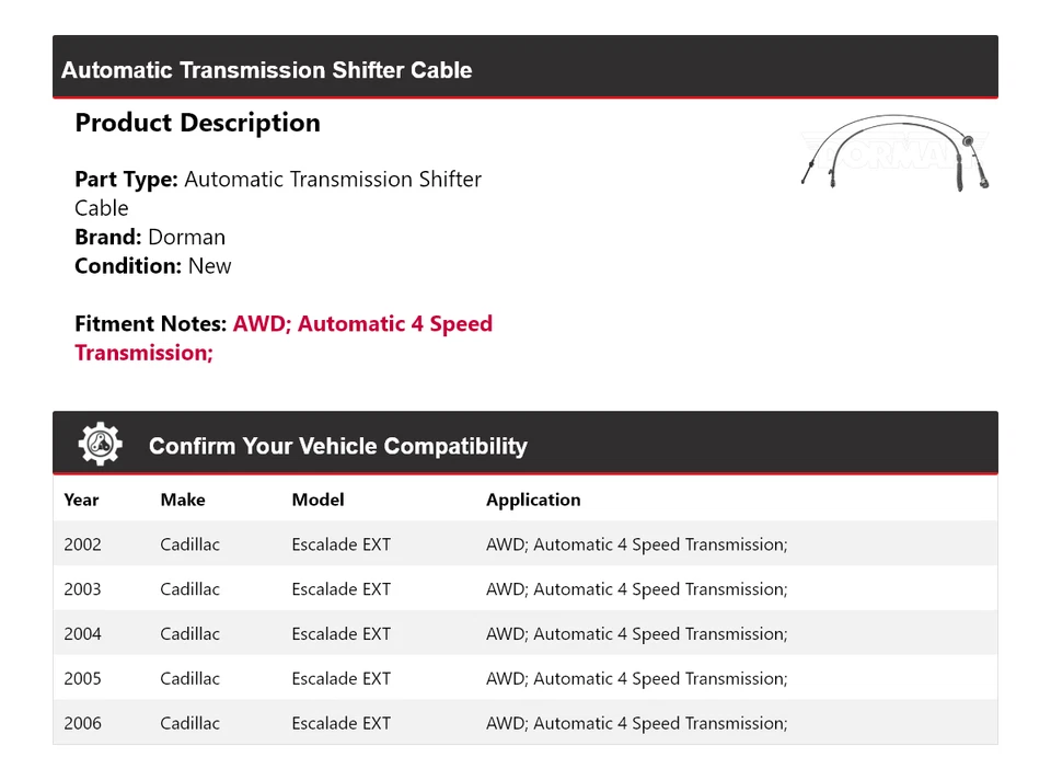 Cable de palanca de cambios Dorman AT 2002-2006 AWD para Cadillac Escalade EXT 2003 2004 2005 Foto 2 de 4