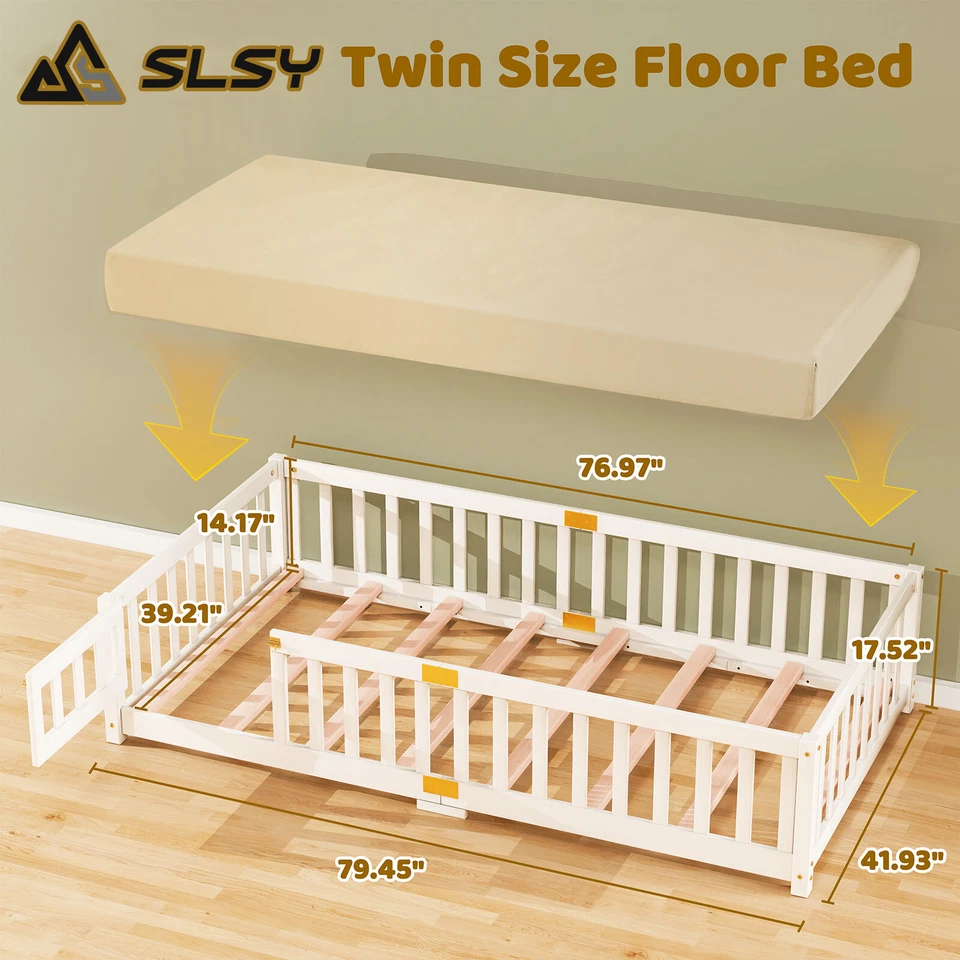 Cama de piso para niños pequeños tamaño doble SLSY, marco de cama Montessori de madera maciza con puerta cerca Foto 2 de 4