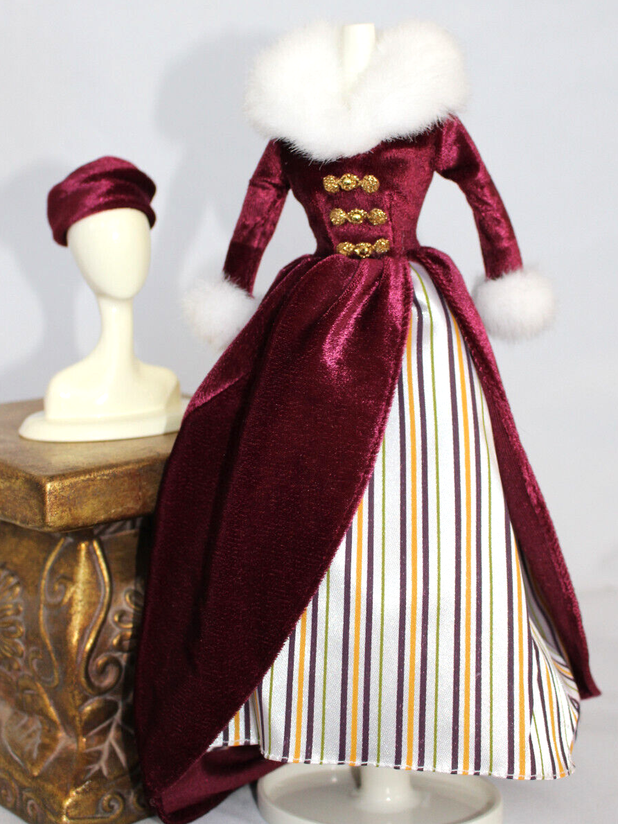 Maroon Velveteen Winter Barbie Dress Fur Collar Cuffs Victorian Outfit Clothes