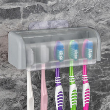 5 Slots Wall Mount Toothbrush Holder with Cover, Self Adhesive Toothbrush Storag
