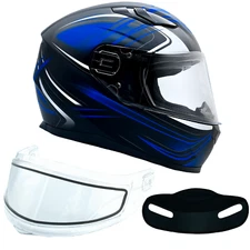 Blue Adult Full Face Snow Helmet Dual Lens Anti Fog Shield Retractable Sun Visor