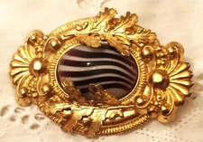 Gold Oak Leaf Art Glass Banded Agate Brooch Gilded Floral Art Nouveau Ornate Vtg