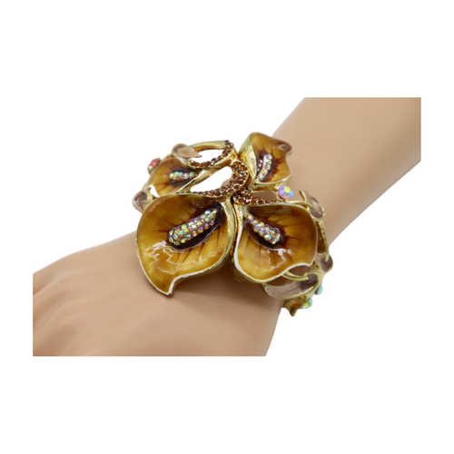 New Women Gold Metal Lily Brown Flower Wrist Cuff Bracelet Bling Fashion Jewelry - Picture 11 of 24