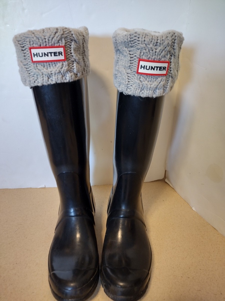 Hunter Original TALL Gloss Womens 7 BLACK Rain Boots w Knit Sock