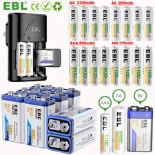 EBL Lot AA AAA 9V Rechargeable Batteries / AA AAA 9V Ni-MH Ni-CD Wall Charger