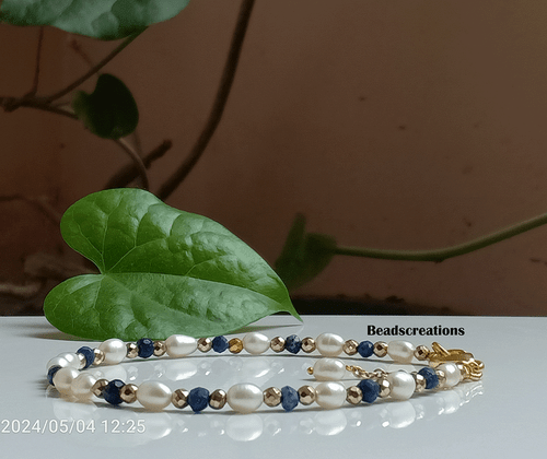 Bracciale Perla Bianca e Lapislazzuli Pirite Gioielli Perline Regalo per Lei - Foto 6 di 8