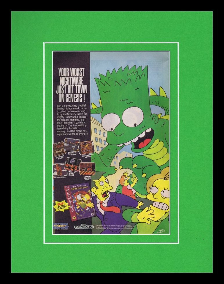 Simpsons Bart's Nightmare 1993 Sega Framed 11x14 ORIGINAL Vintage  Advertisement