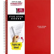 Five Star Wirebound Notebook, 1 Subject, Wide Ruled, Fire Red