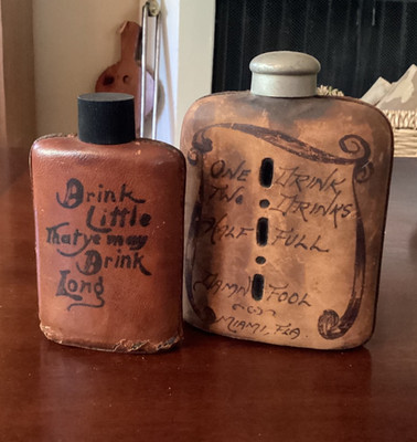 ATQ/ Vintage Leather Wrapped Glass Flasks Novelty Denver Colo NYC Faher's Day