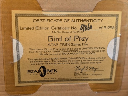 Star Trek III Champions Fine Pewter Ship Bird of Prey "Search for Spock" w/COA - Picture 14 of 18
