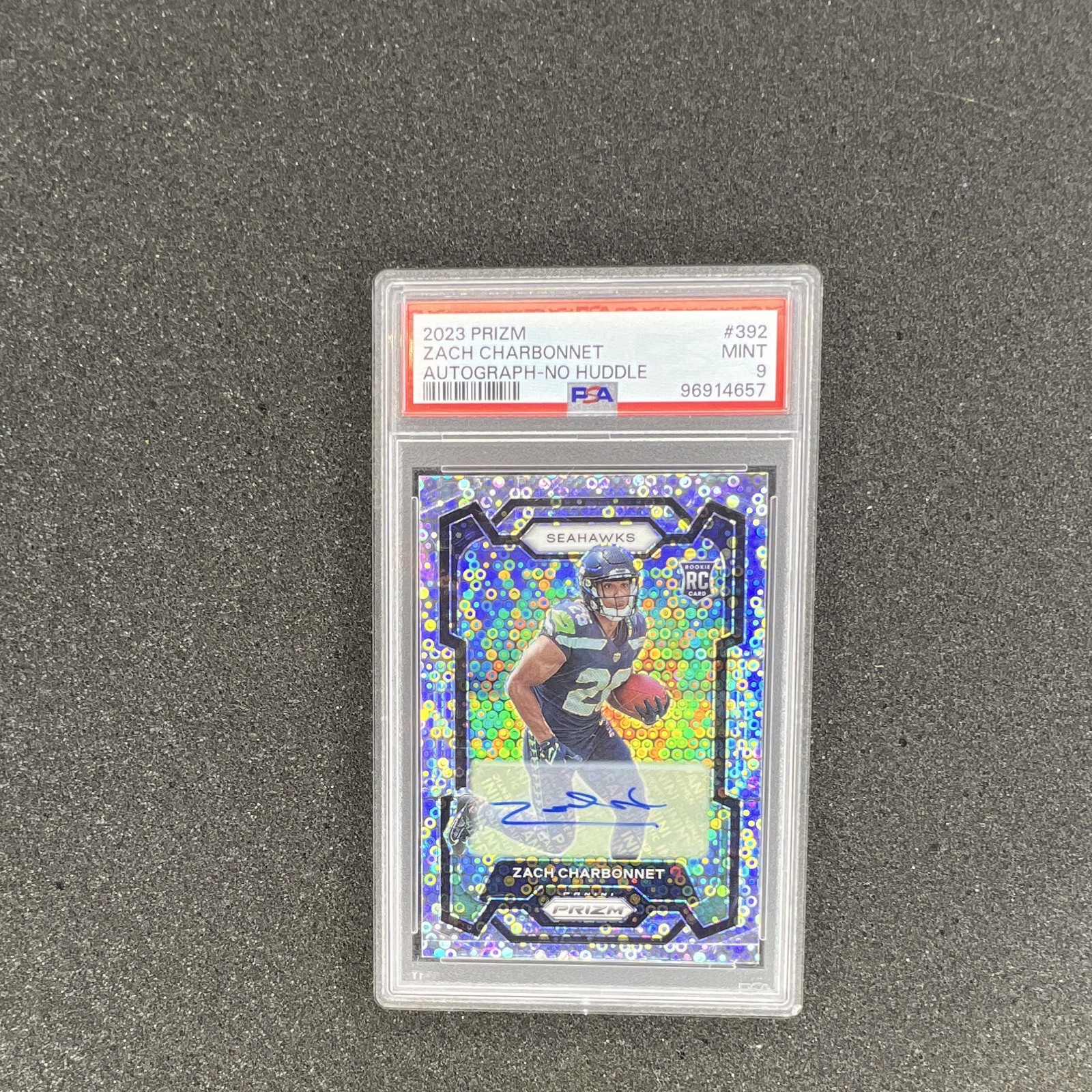 2023 Panini Prizm Zach Charbonnet RC Auto No Huddle Prizm Autographs #392 PSA 9