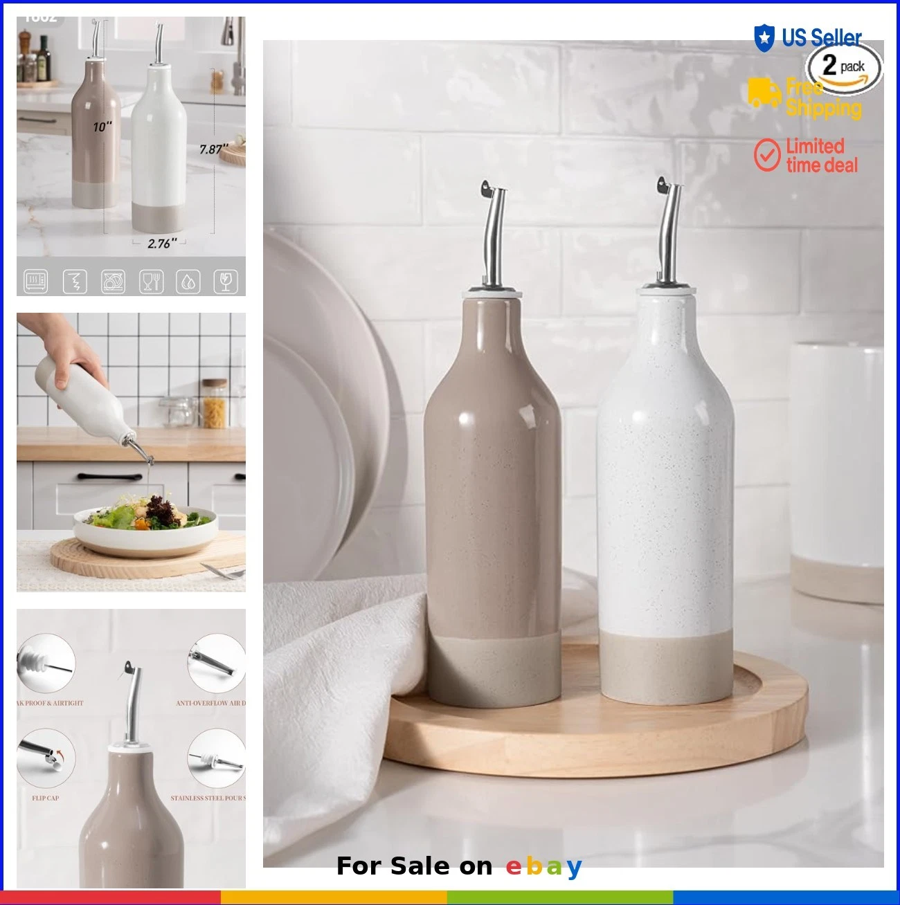 Ceramic Olive Oil Dispenser Bottle Set of 2 16oz Stainless Steel Pourers White