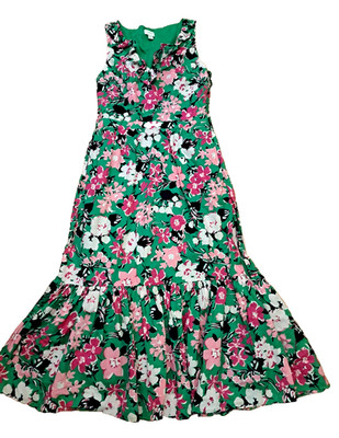 J Crew Ruffled Midi Dress V Neck Floral Print Green Cotton Re-Imagined Pockets 4
