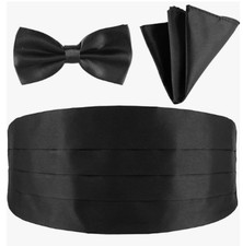 Men's Cummerbund and Bow Tie Set with Pocket Square Adjustable Solid Black