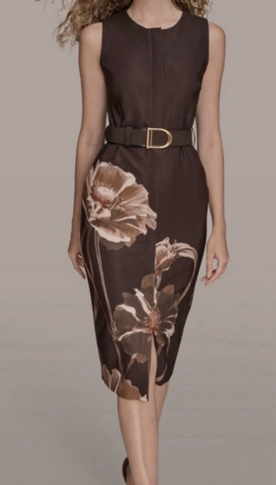 Donna Karan New York Floral Belted Midi Dress Size 14  NWT Brown With Black Belt