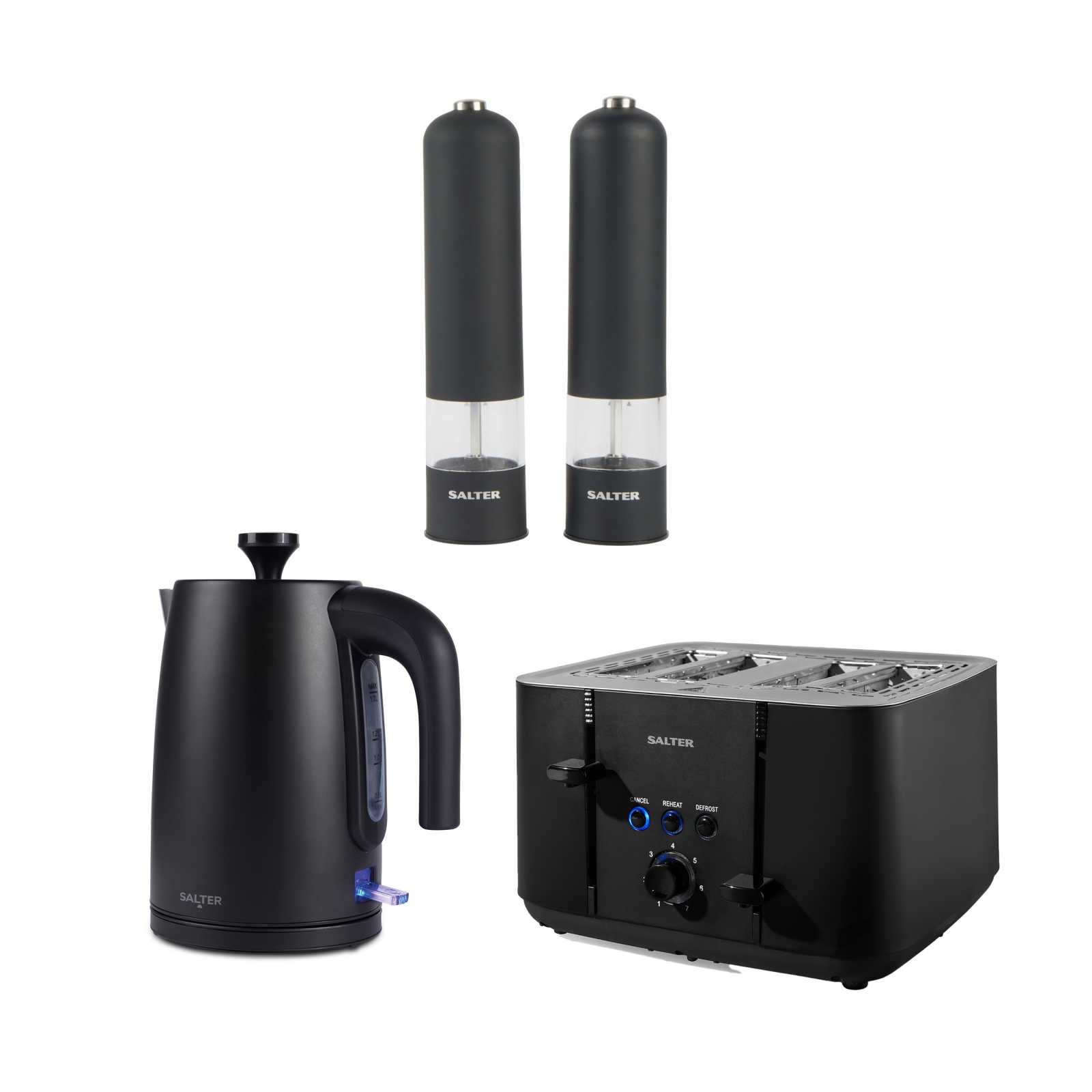 Salter Kuro 1.7L Fast Boil Kettle, 4-Slice Toaster & Electronic Mill Set Black
