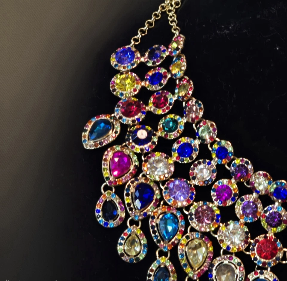 Natasha Couture Statement Bib Necklace Rainbow Crystal Teardrop Waterfall - Image 2 of 4