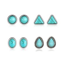 Turquoise Stud Earrings Set for Women Handmade Gemstone Oval Round Flower Cut...