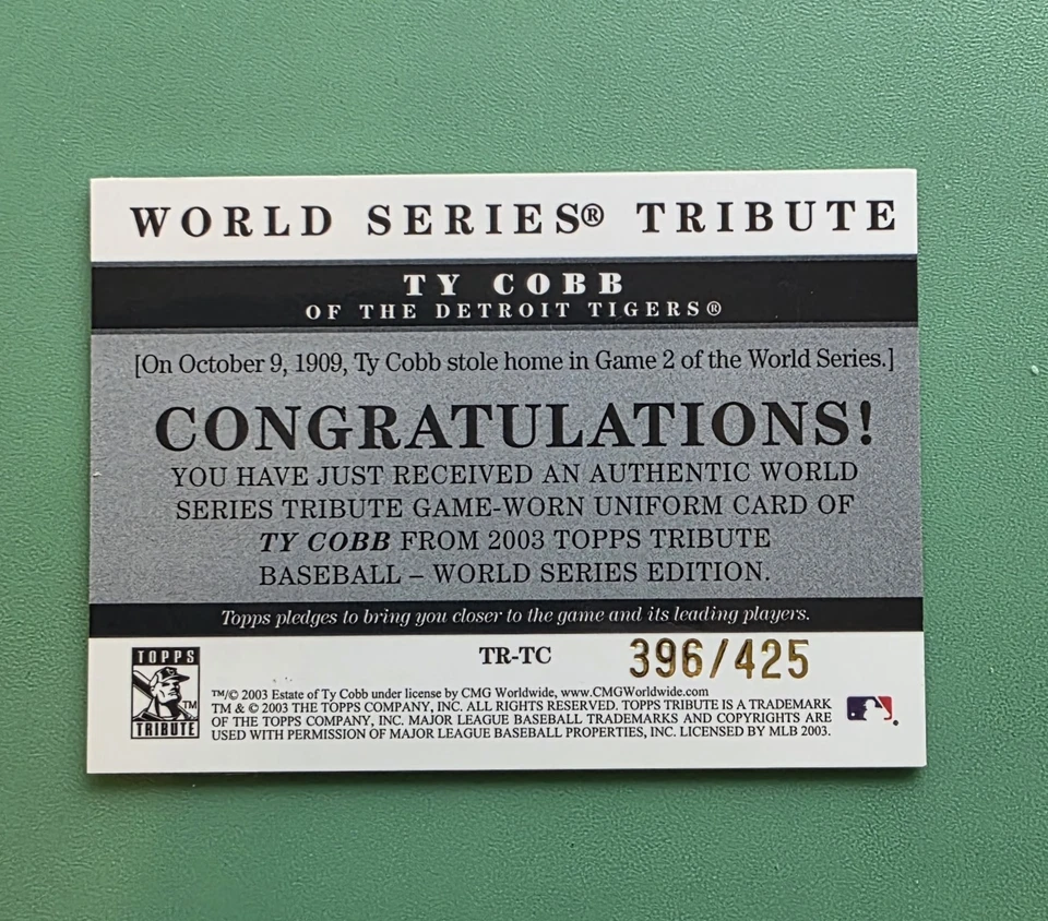 2003 Topps Tribute World Series Relic Ty Cobb Game-Used Pants #TR-TC /425 - Image 2 of 2