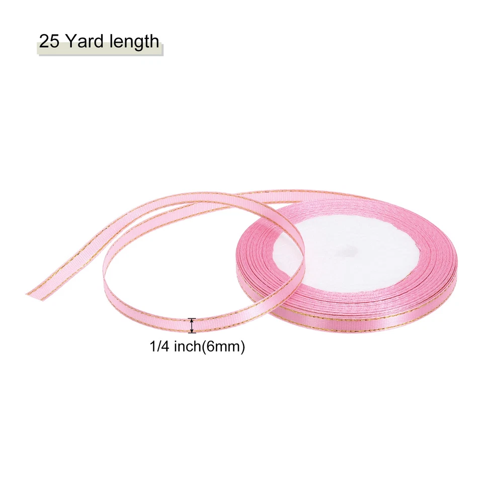 1/4" 25 Yard Wide Satin Ribbon with Gold Edges Grosgrain Ribbon Dark Pink - Image 2 of 4
