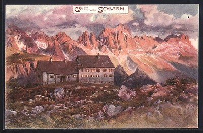 Künstler-AK Edward Theodore Compton: Berghütte am Schlern 