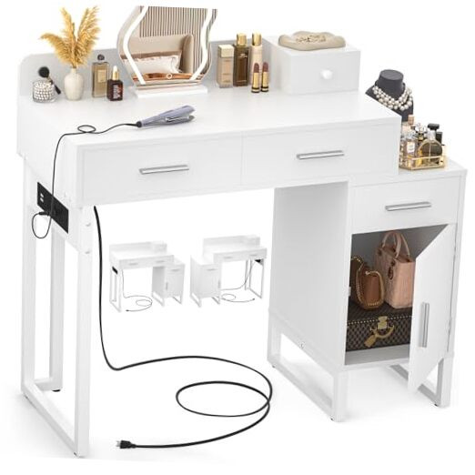 Vanity Desk with 4 Storage Drawers - Modern Makeup Vanity Table with Charging
