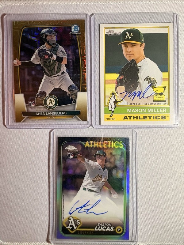 Athletics 3-Card Lot: Miller Auto, Lucas Auto 183/499, Langeliers Gold 08/50