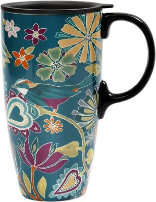Coffee Ceramic Mug Porcelain Latte Tea Cup With Lid 17oz. Floral Symphony Gre...