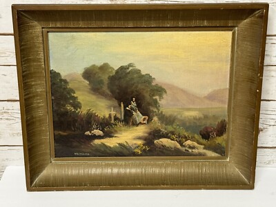 Early 1900 s Oil Painting On Board Mourning At Burial Site Signed Klitgaard