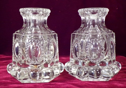 2 Perfume Bottles Beaded Medallion L E Smith Clear Glass Large Stoppers 1940s - Picture 2 of 8