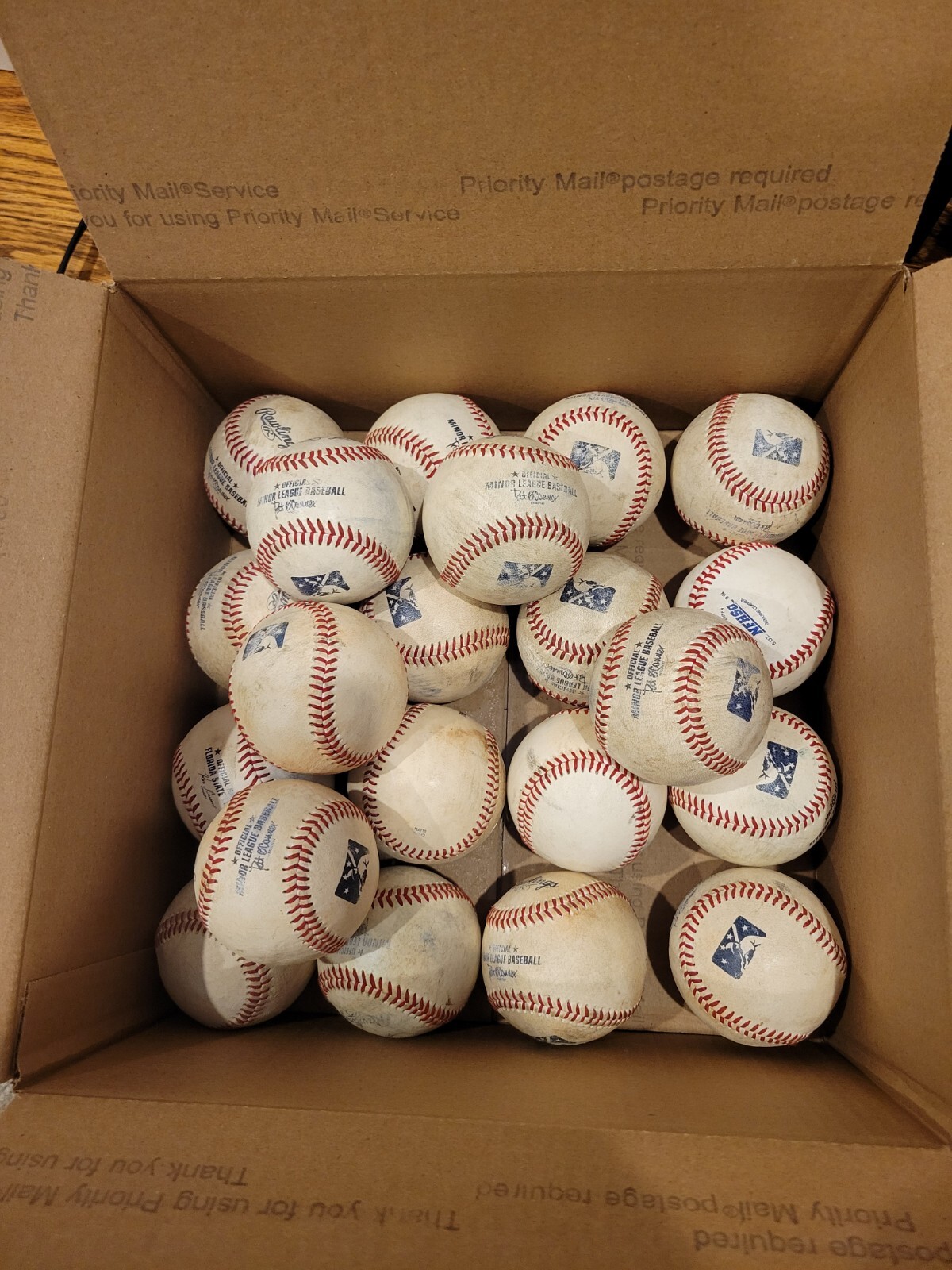 Box of 32 used leather baseballs Rawlings minor league MiLB, High