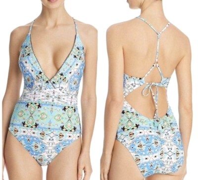 NWT Nanette Lepore ''Tapestry Goddess'' One Piece Swimsuit Sz 14 O Ring Back Ties