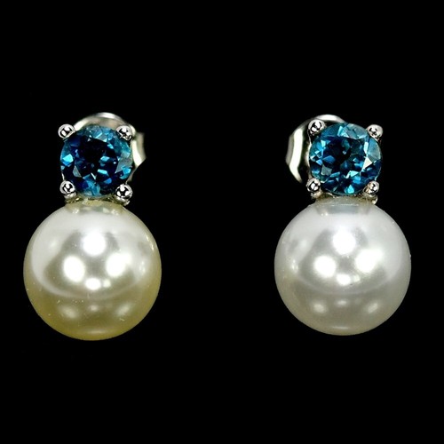GENUINE AAA WHITE PEARL & LONDON BLUE TOPAZ STERLING 925 SILVER STUD EARRING - Picture 4 of 6