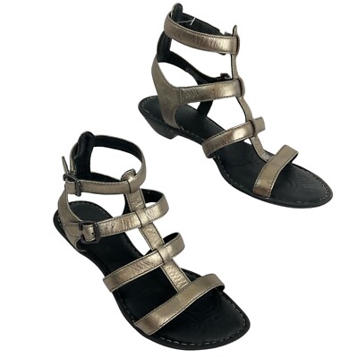 Born Shoes Womens Sz Leather Flat Sandals Pewter Metallic Ankle Strap  Padded