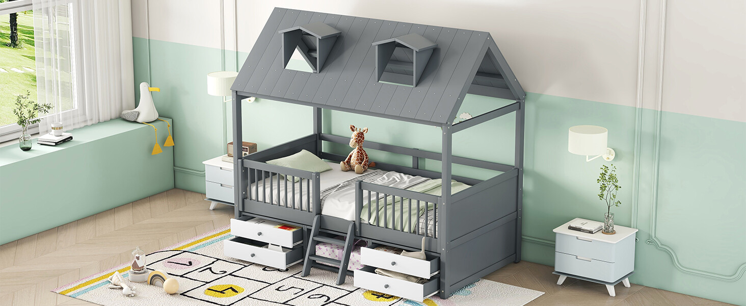 Twin Size Wooden Bed House Bed Frame With 4 Small Drawers For Kids Teens Gray