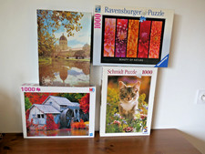 Lot de 4 puzzles 1000 pièces : chat, fleurs, paysage, moulin
