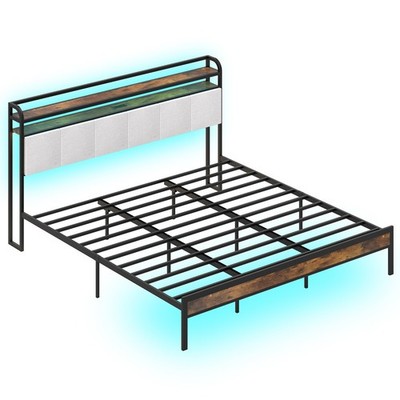 King Size Bed Frame w/LED Light & Charging Station Heavy Duty Metal Platform Bed