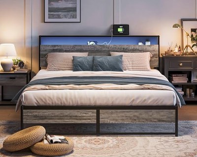 LINSY King Size Bed Frame, Ergonomic Storage Headboard with Charging Station&...
