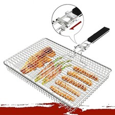 BBQ Deep Grill Basket Cage with Handle Steel Lid Fish Chicken Grilling Net UK
