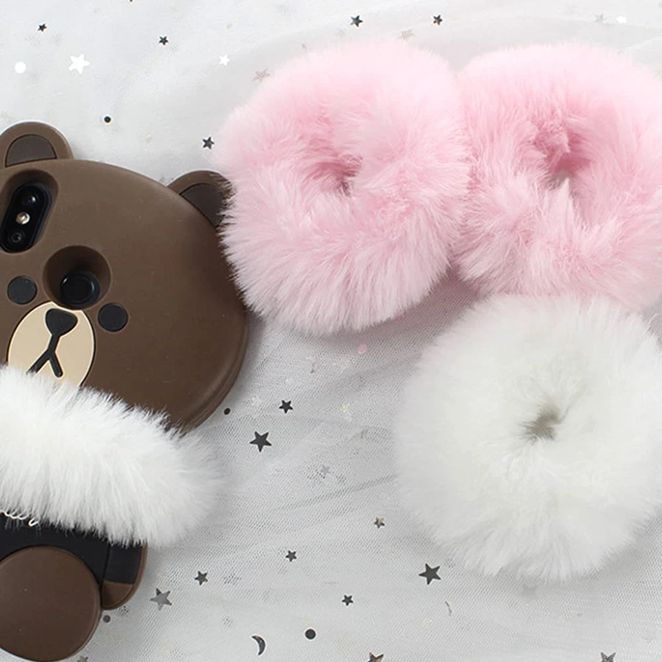 2 PCS Furry Scrunchies with Faux Rabbit Fur - Cute Elastic Bobbles, Ponytail Hol - Image 4 of 4