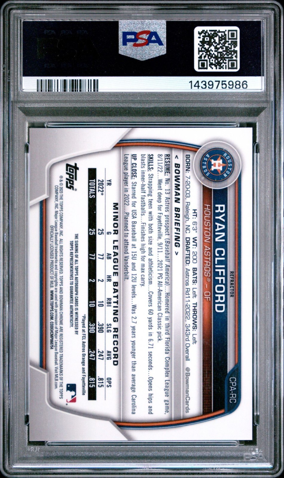 Ryan Clifford Auto 2023 Bowman Chrome 1st  /499 Refractor CPA-RC PSA 10 view 2