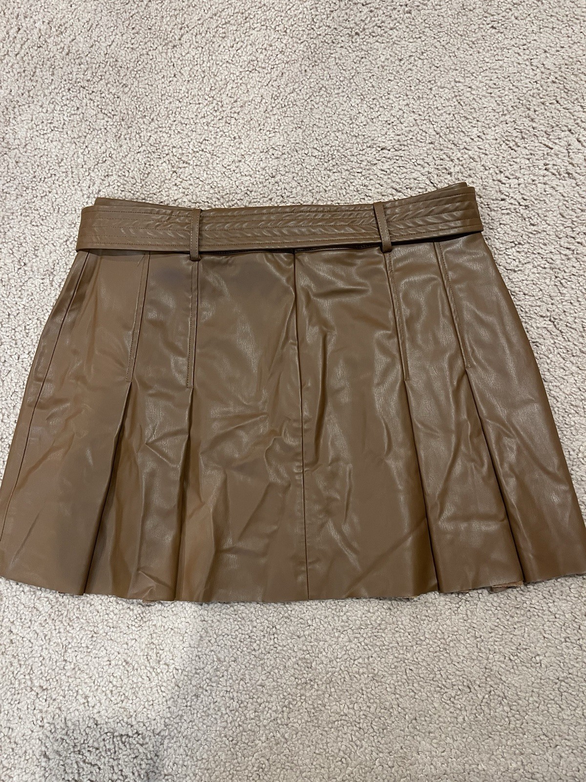 ZARA ChocoBrown Faux Leather Pleated Mini Skirt with Belt Size XL Brand New image 7
