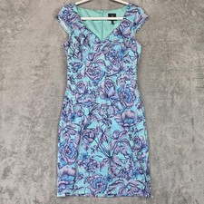 Adrianna Papell Dress Womens 4 Blue Floral V Neck Cap Sleeve Sheath Lined