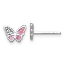 Sterling Silver Rhodium-plated Polished CZ and Pink Enamel Butterfly Post Ear...