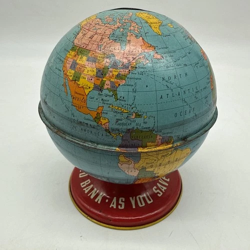 Vtg Globe Bank Tin Toy Coin Bank The Ohio Art Co. As You Save So You Prosper