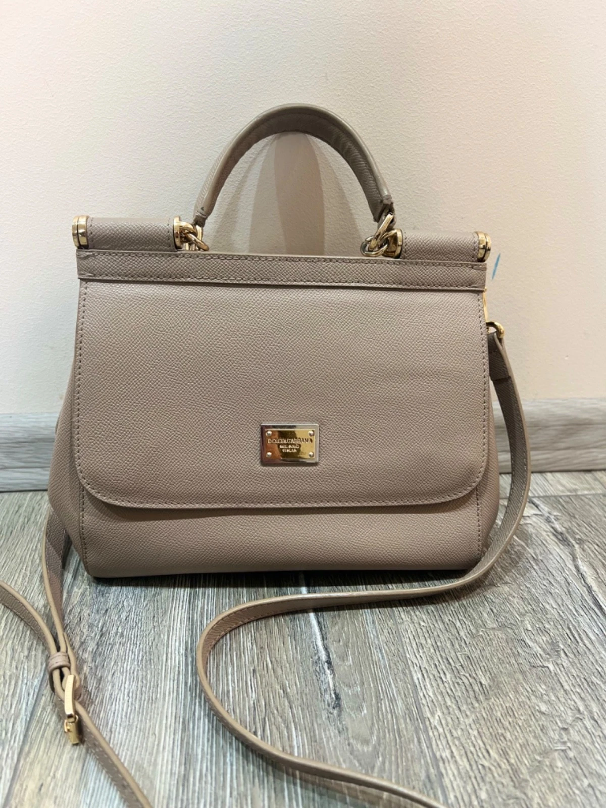 Dolce Gabbana — Dolce & Gabbana Sicily Beige Leather Satchel Crossbody Handbag Gold Tone