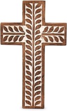 Mango Wood Religious Catholic Cross Wall Hanging Floral Carvings 10" X 6" X 0.75