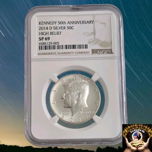 2014 S Kennedy Silver Half Dollar, High Relief Enhanced NGC SP69 50th Anniversar