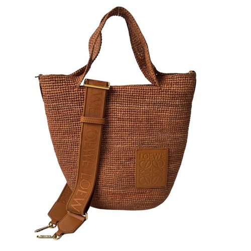 Loewe Slit Bag Mini Tote Shoulder Bag Raffia Calfskin Brown Tan