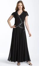 J KARA Black Chiffon Beaded Flutter Sleeve Formal Gown New Years Cocktail Size 8